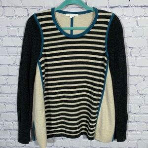 Duffy Womens Color Block Striped Cashmere Sweater Blue Cream S Casual Business